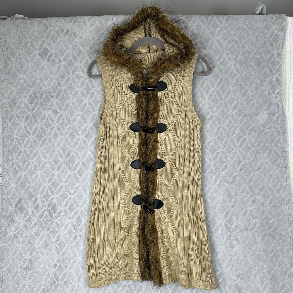Vtg RXB Faux Fur Trim Hooded Sweater Vest Womens Small Tan Chunky Knit Boho Y2K